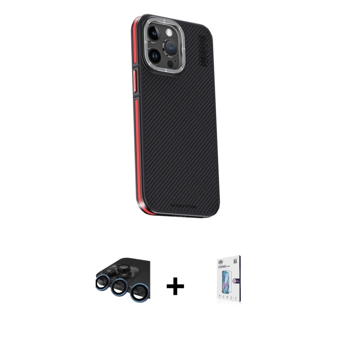 MARSİLYAN™- iPhone 15 Pro Kılıf Kıvılcım Modern Özel Seri - Siyah Bilvis 0.18mm Plus Cam Ekran Koruyucu + Raze Metal Kamera Lens - LT