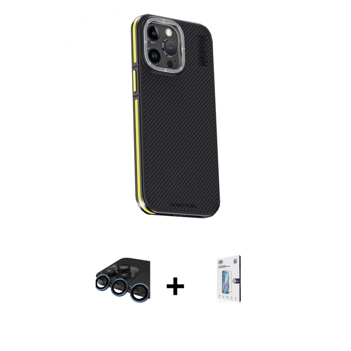 MARSİLYAN™- iPhone 15 Pro Kılıf Kıvılcım Modern Özel Seri - Siyah Bilvis 0.18mm Plus Cam Ekran Koruyucu + Raze Metal Kamera Lens - LT