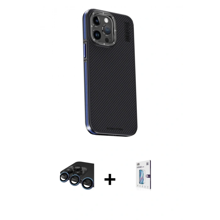 MARSİLYAN™- iPhone 15 Pro Kılıf Kıvılcım Modern Özel Seri - Siyah Bilvis 0.18mm Plus Cam Ekran Koruyucu + Raze Metal Kamera Lens - LT