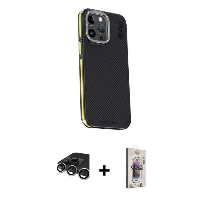 MARSİLYAN™- iPhone 15 Pro Kılıf Kıvılcım Modern Özel Seri - Siyah Bilvis 3D Cam Ekran Koruyucu + Raze Metal Kamera Lens - GS