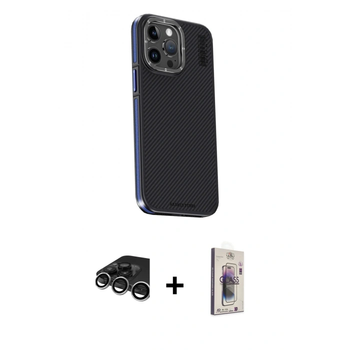 MARSİLYAN™- iPhone 15 Pro Kılıf Kıvılcım Modern Özel Seri - Siyah Bilvis 3D Cam Ekran Koruyucu + Raze Metal Kamera Lens - GS