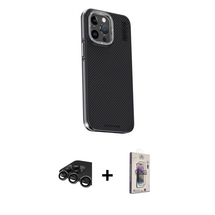 MARSİLYAN™- iPhone 15 Pro Kılıf Kıvılcım Modern Özel Seri - Siyah Bilvis 3D Cam Ekran Koruyucu + Raze Metal Kamera Lens - TMGI