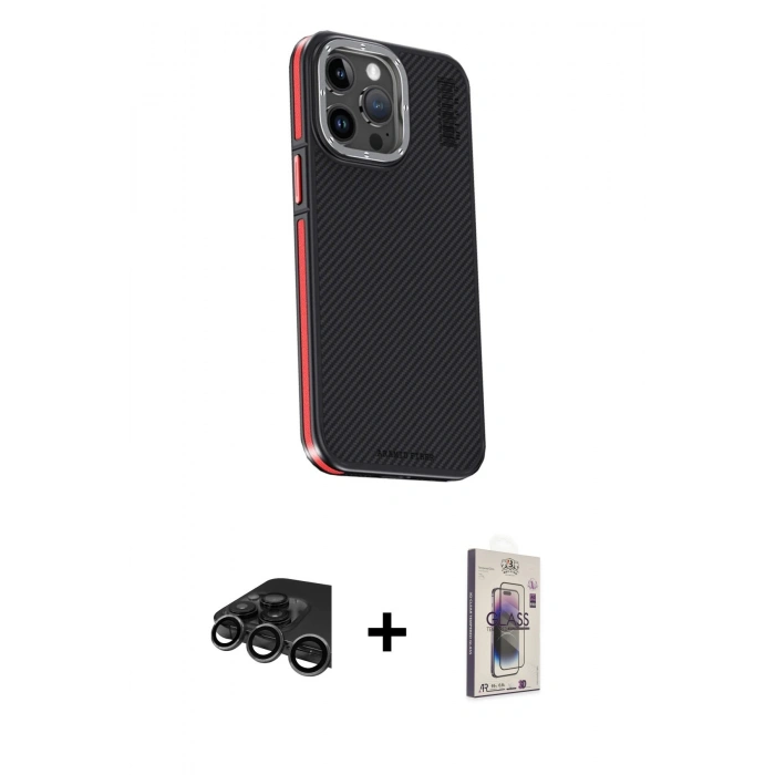 MARSİLYAN™- iPhone 15 Pro Kılıf Kıvılcım Modern Özel Seri - Siyah Bilvis 3D Cam Ekran Koruyucu + Raze Metal Kamera Lens - TMGI