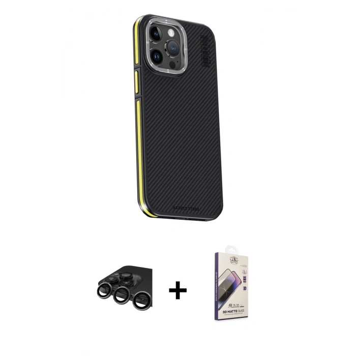 MARSİLYAN™- iPhone 15 Pro Kılıf Kıvılcım Modern Özel Seri - Siyah Bilvis 3D Mat Cam Ekran Koruyucu + Raze Metal Kamera Lens - TMGI