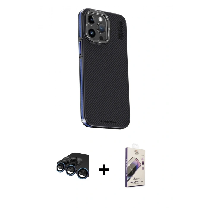 MARSİLYAN™- iPhone 15 Pro Kılıf Kıvılcım Modern Özel Seri - Siyah Bilvis 3D Mat Cam Ekran Koruyucu + Raze Metal Kamera Lens - LT