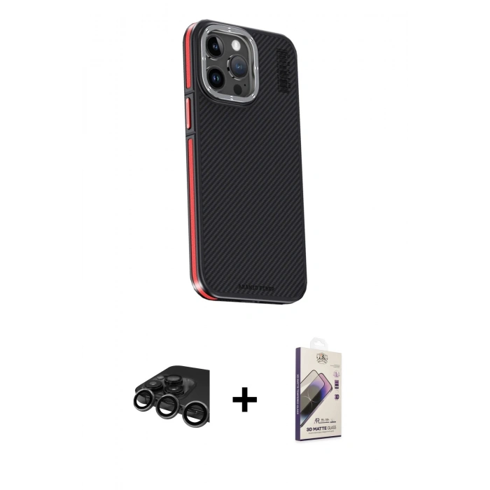 MARSİLYAN™- iPhone 15 Pro Kılıf Kıvılcım Modern Özel Seri - Siyah Bilvis 3D Mat Cam Ekran Koruyucu + Raze Metal Kamera Lens - TMGI