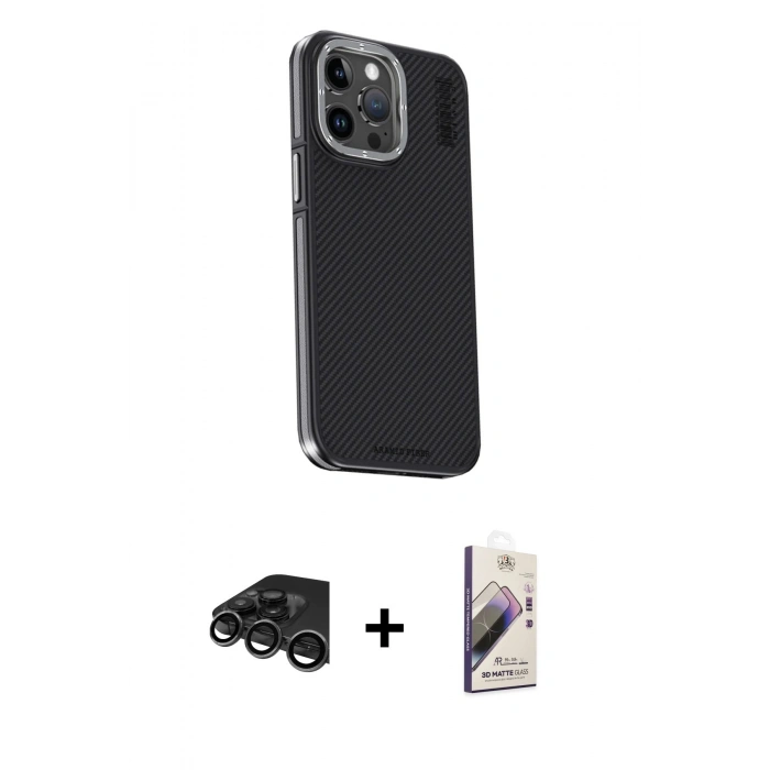 MARSİLYAN™- iPhone 15 Pro Kılıf Kıvılcım Modern Özel Seri - Siyah Bilvis 3D Mat Cam Ekran Koruyucu + Raze Metal Kamera Lens - TMGI