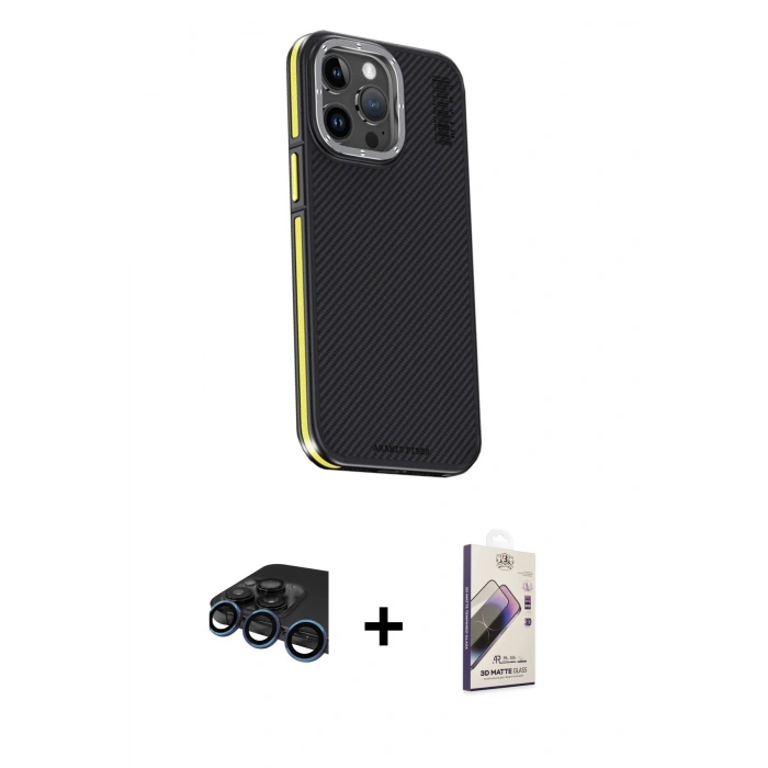 MARSİLYAN™- iPhone 15 Pro Kılıf Kıvılcım Modern Özel Seri - Siyah Bilvis 3D Mat Cam Ekran Koruyucu + Raze Metal Kamera Lens - LT