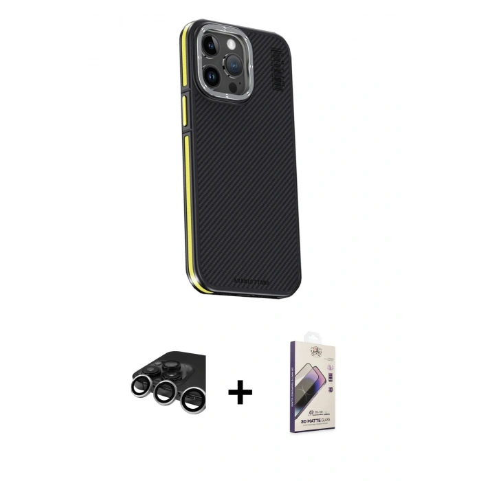 MARSİLYAN™- iPhone 15 Pro Kılıf Kıvılcım Modern Özel Seri - Siyah Bilvis 3D Mat Cam Ekran Koruyucu + Raze Metal Kamera Lens - GS