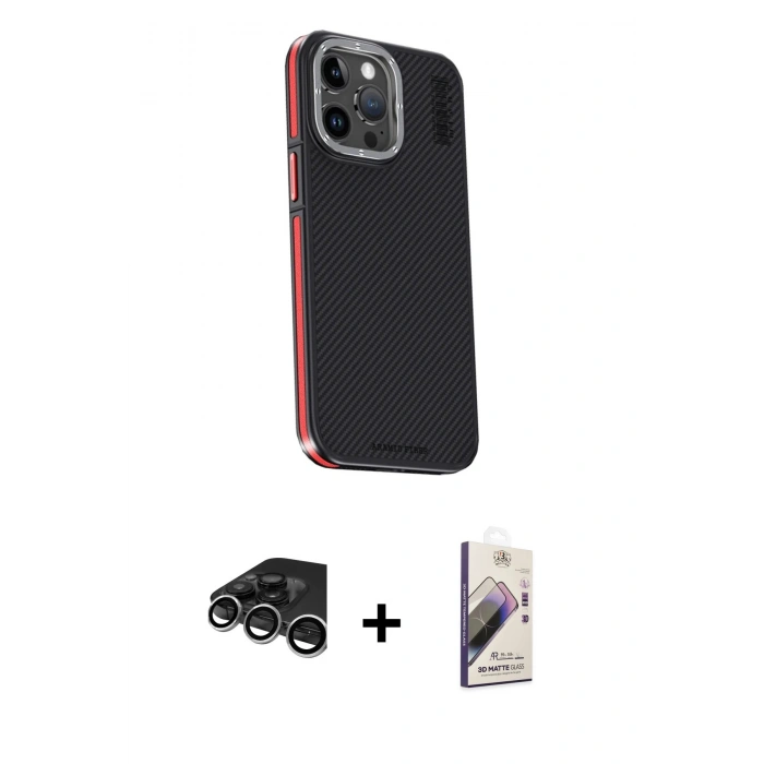 MARSİLYAN™- iPhone 15 Pro Kılıf Kıvılcım Modern Özel Seri - Siyah Bilvis 3D Mat Cam Ekran Koruyucu + Raze Metal Kamera Lens - GS