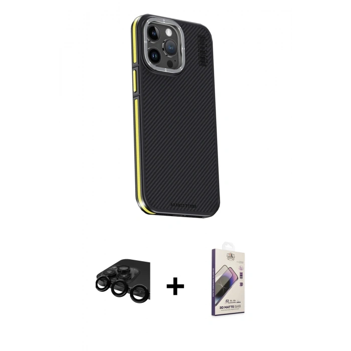 MARSİLYAN™- iPhone 15 Pro Kılıf Kıvılcım Modern Özel Seri - Siyah Bilvis 3D Mat Cam Ekran Koruyucu + Raze Metal Kamera Lens - SH