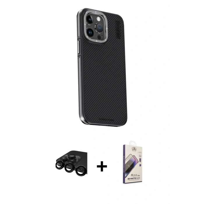 MARSİLYAN™- iPhone 15 Pro Kılıf Kıvılcım Modern Özel Seri - Siyah Bilvis 3D Mat Cam Ekran Koruyucu + Raze Metal Kamera Lens - SH