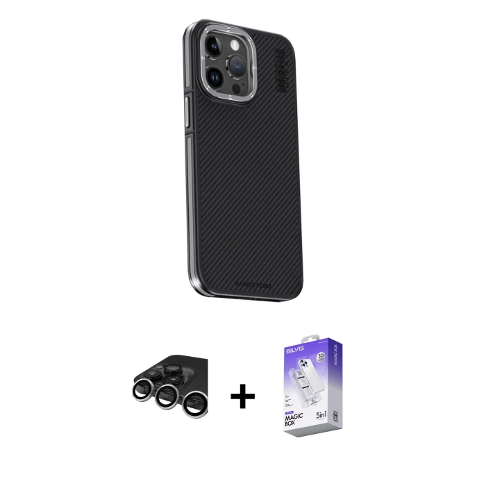MARSİLYAN™- iPhone 15 Pro Kılıf Kıvılcım Modern Özel Seri - Siyah Bilvis 5in1 3D Magic Cam Ekran Koruyucu + Gümüş Raze Metal Kamera Lens