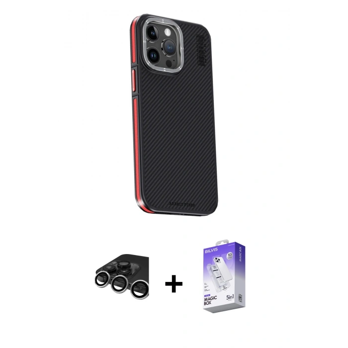 MARSİLYAN™- iPhone 15 Pro Kılıf Kıvılcım Modern Özel Seri - Siyah Bilvis 5in1 3D Magic Cam Ekran Koruyucu + Raze Metal Kamera Lens - GS