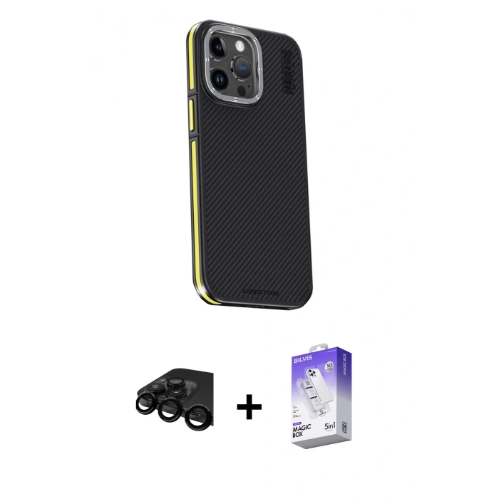 MARSİLYAN™- iPhone 15 Pro Kılıf Kıvılcım Modern Özel Seri - Siyah Bilvis 5in1 3D Magic Cam Ekran Koruyucu + Raze Metal Kamera Lens - SH