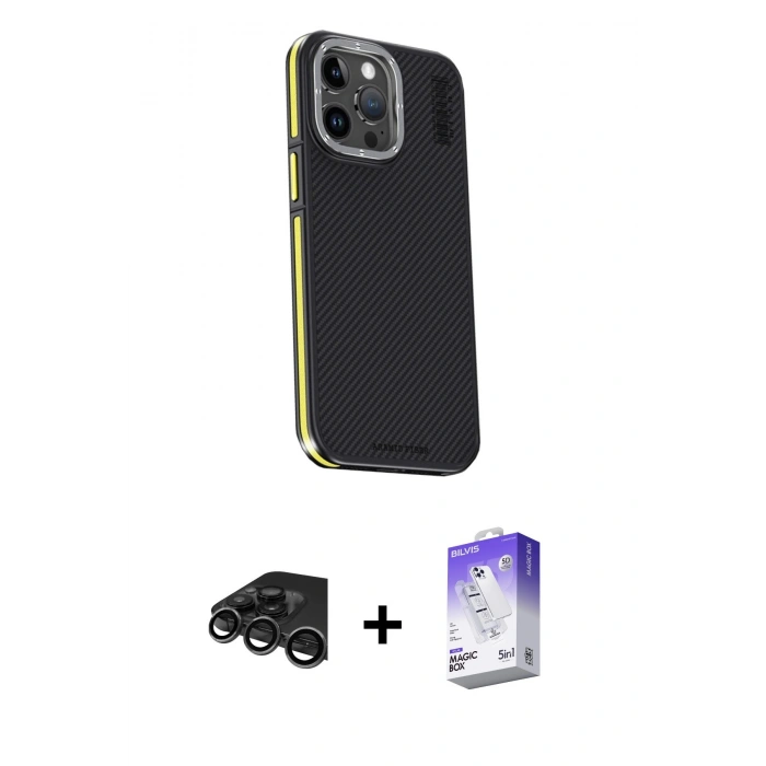 MARSİLYAN™- iPhone 15 Pro Kılıf Kıvılcım Modern Özel Seri - Siyah Bilvis 5in1 3D Magic Cam Ekran Koruyucu + Titanyum Gri Raze Metal Kamera Lens