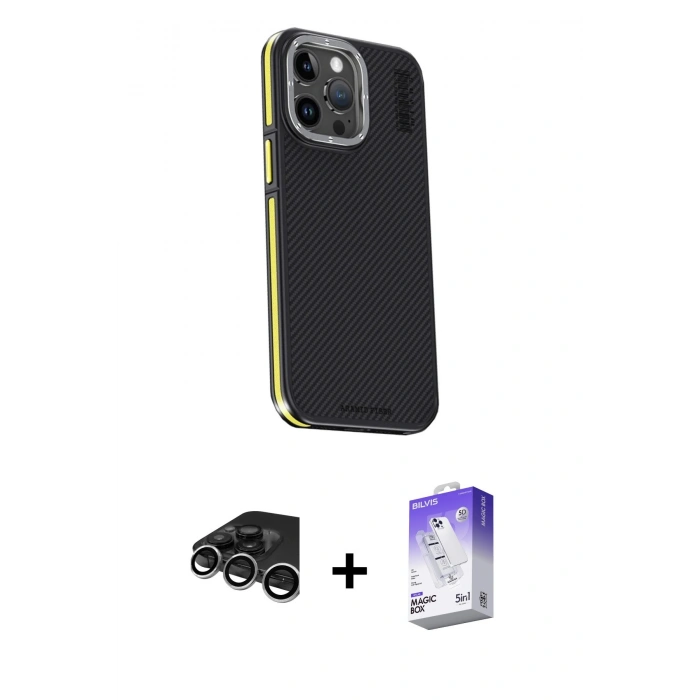 MARSİLYAN™- iPhone 15 Pro Kılıf Kıvılcım Modern Özel Seri - Siyah Bilvis 5in1 3D Magic Cam Ekran Koruyucu + Gümüş Raze Metal Kamera Lens