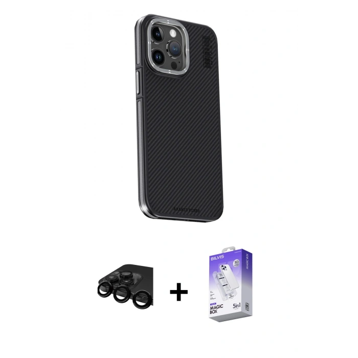 MARSİLYAN™- iPhone 15 Pro Kılıf Kıvılcım Modern Özel Seri - Siyah Bilvis 5in1 3D Magic Cam Ekran Koruyucu + Raze Metal Kamera Lens - SH