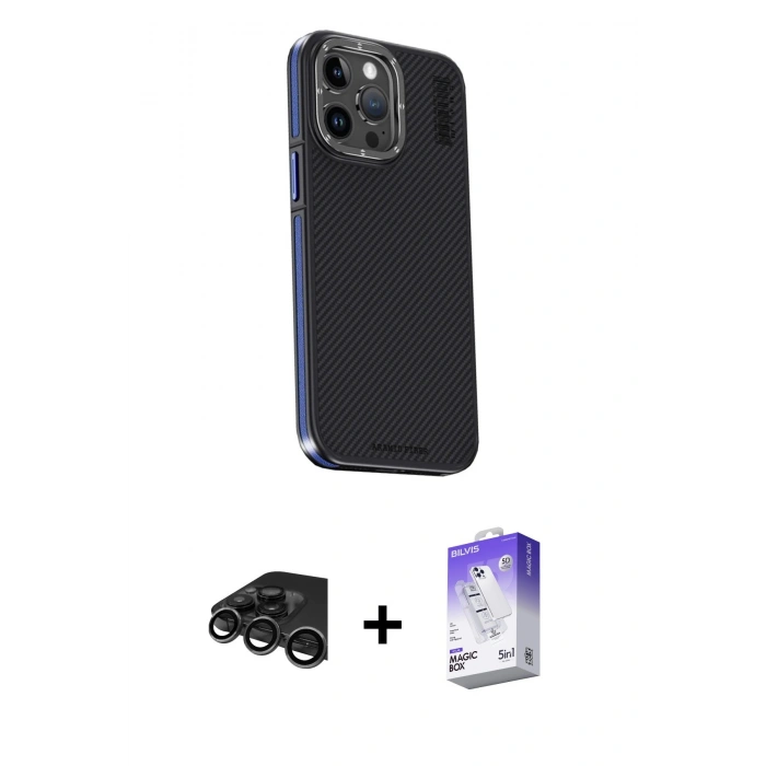 MARSİLYAN™- iPhone 15 Pro Kılıf Kıvılcım Modern Özel Seri - Siyah Bilvis 5in1 3D Magic Cam Ekran Koruyucu + Titanyum Gri Raze Metal Kamera Lens