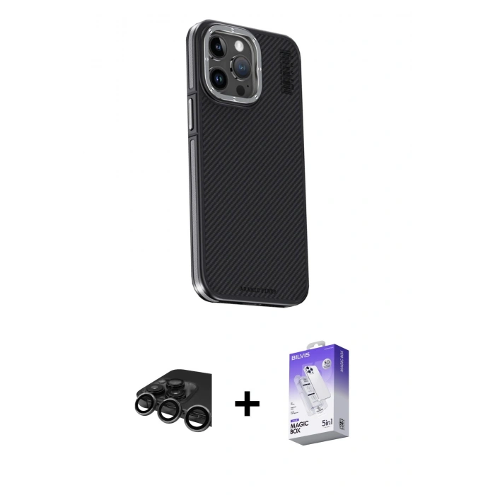 MARSİLYAN™- iPhone 15 Pro Kılıf Kıvılcım Modern Özel Seri - Siyah Bilvis 5in1 3D Magic Cam Ekran Koruyucu + Titanyum Gri Raze Metal Kamera Lens
