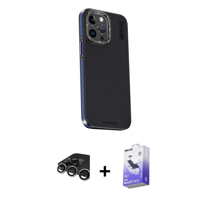 MARSİLYAN™- iPhone 15 Pro Kılıf Kıvılcım Modern Özel Seri - Siyah Bilvis 5in1 5D Magic Hayalet Cam Ekran Koruyucu + Raze Metal Kamera Lens - GS