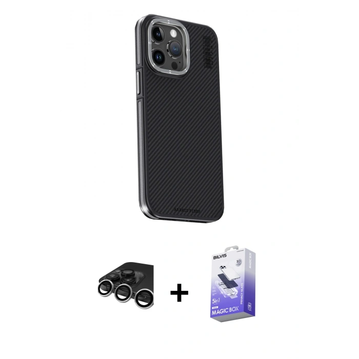 MARSİLYAN™- iPhone 15 Pro Kılıf Kıvılcım Modern Özel Seri - Siyah Bilvis 5in1 5D Magic Hayalet Cam Ekran Koruyucu + Raze Metal Kamera Lens - GS