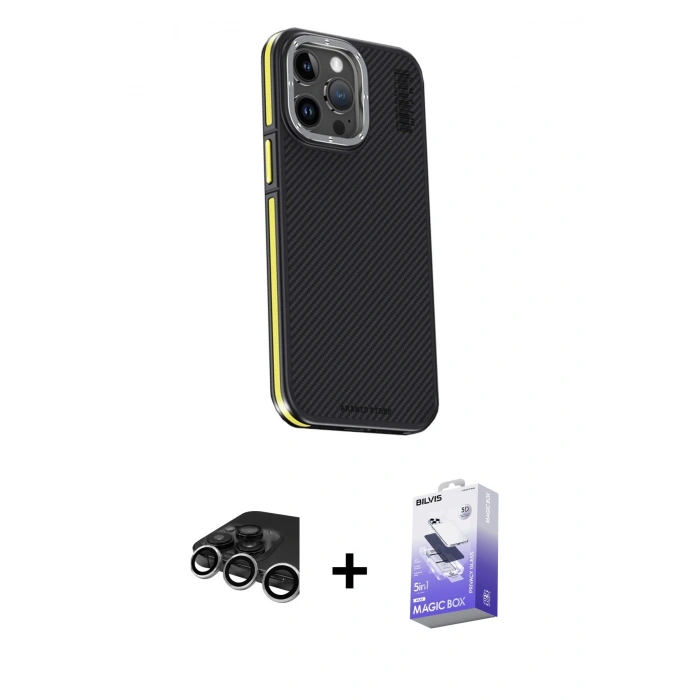 MARSİLYAN™- iPhone 15 Pro Kılıf Kıvılcım Modern Özel Seri - Siyah Bilvis 5in1 5D Magic Hayalet Cam Ekran Koruyucu + Raze Metal Kamera Lens - GS