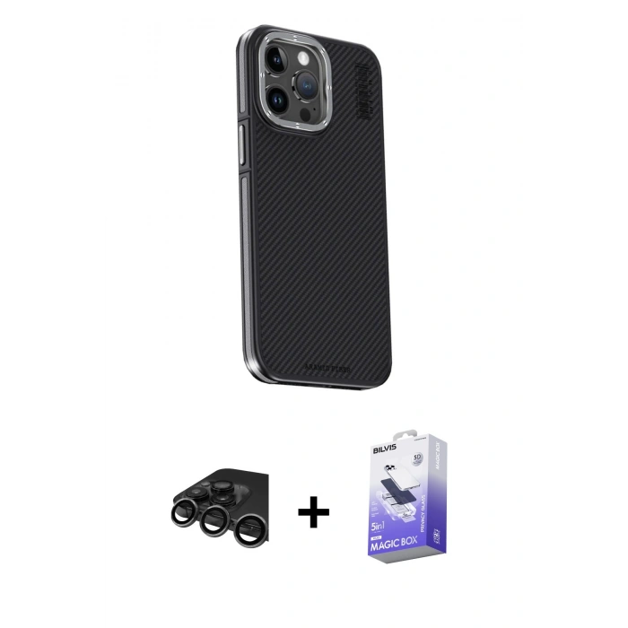 MARSİLYAN™- iPhone 15 Pro Kılıf Kıvılcım Modern Özel Seri - Siyah Bilvis 5in1 5D Magic Hayalet Cam Ekran Koruyucu + Titanyum Gri Raze Metal Kamera Lens