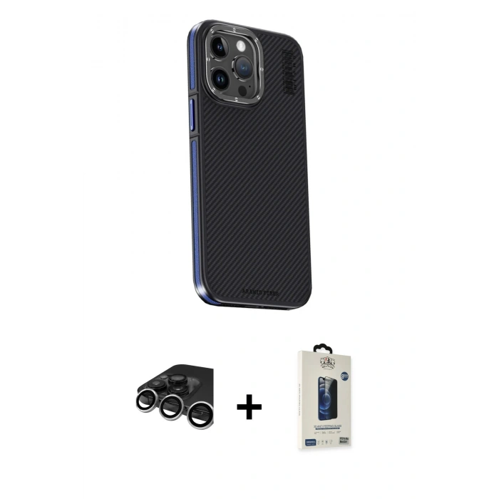 MARSİLYAN™- iPhone 15 Pro Kılıf Kıvılcım Modern Özel Seri - Siyah Bilvis Hayalet Cam Ekran Koruyucu + Raze Metal Kamera Lens - GS