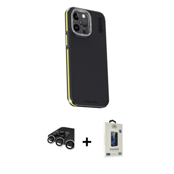 MARSİLYAN™- iPhone 15 Pro Kılıf Kıvılcım Modern Özel Seri - Siyah Bilvis Hayalet Cam Ekran Koruyucu + Raze Metal Kamera Lens - GS