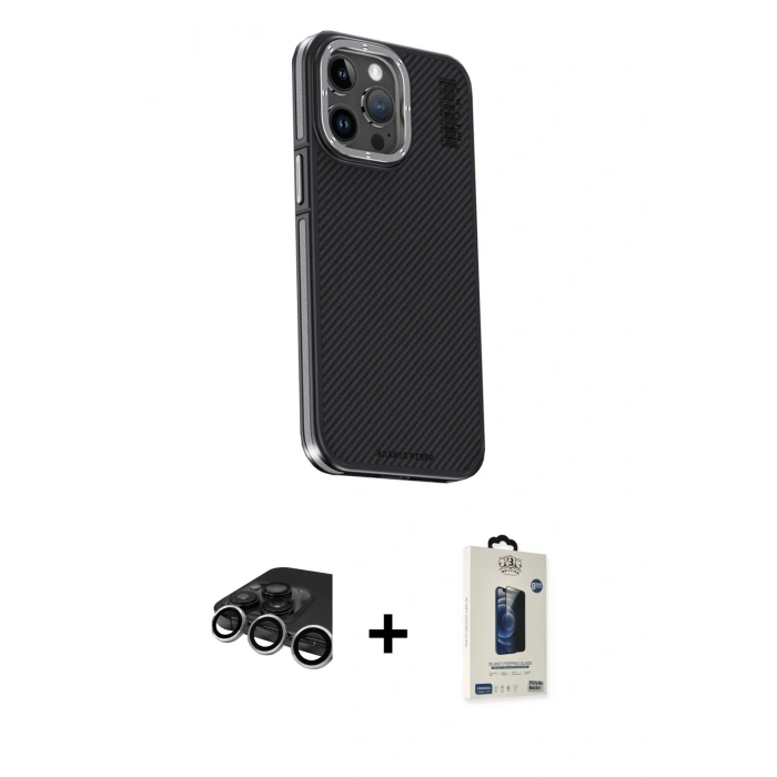 MARSİLYAN™- iPhone 15 Pro Kılıf Kıvılcım Modern Özel Seri - Siyah Bilvis Hayalet Cam Ekran Koruyucu + Raze Metal Kamera Lens - GS