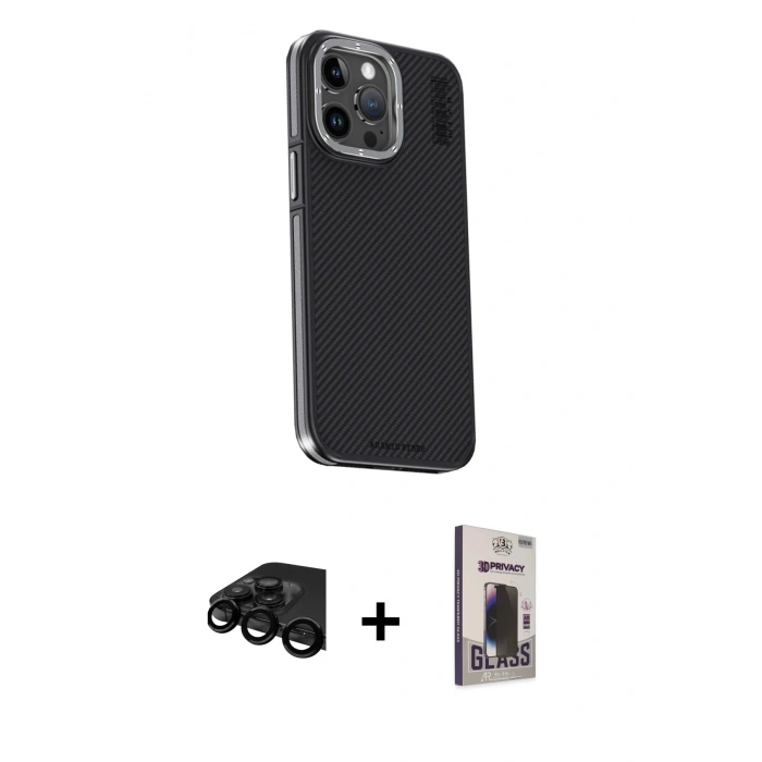 MARSİLYAN™- iPhone 15 Pro Kılıf Kıvılcım Modern Özel Seri - Siyah Bilvis Hayalet Cam Ekran Koruyucu + Raze Metal Kamera Lens - SH