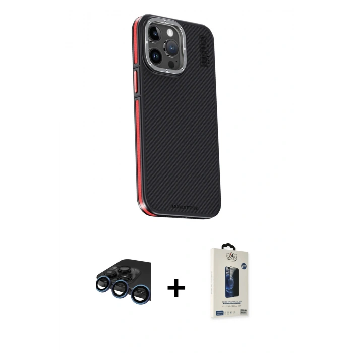 MARSİLYAN™- iPhone 15 Pro Kılıf Kıvılcım Modern Özel Seri - Siyah Bilvis Hayalet Cam Ekran Koruyucu + Raze Metal Kamera Lens - LT
