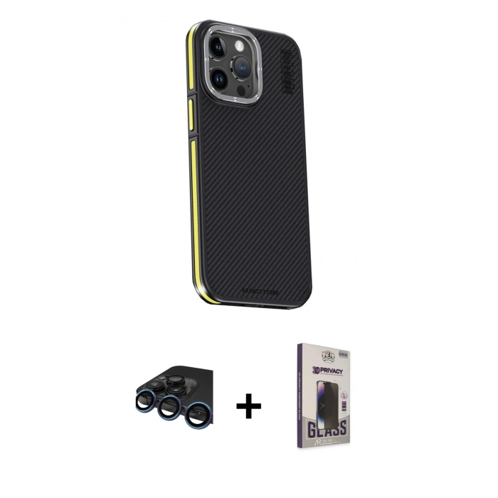 MARSİLYAN™- iPhone 15 Pro Kılıf Kıvılcım Modern Özel Seri - Siyah Bilvis Hayalet Cam Ekran Koruyucu + Raze Metal Kamera Lens - LT