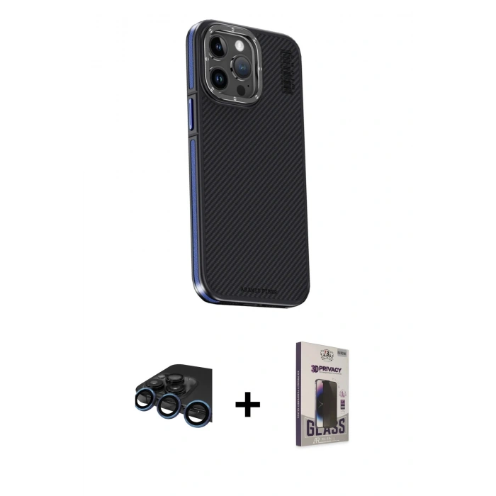 MARSİLYAN™- iPhone 15 Pro Kılıf Kıvılcım Modern Özel Seri - Siyah Bilvis Hayalet Cam Ekran Koruyucu + Raze Metal Kamera Lens - LT