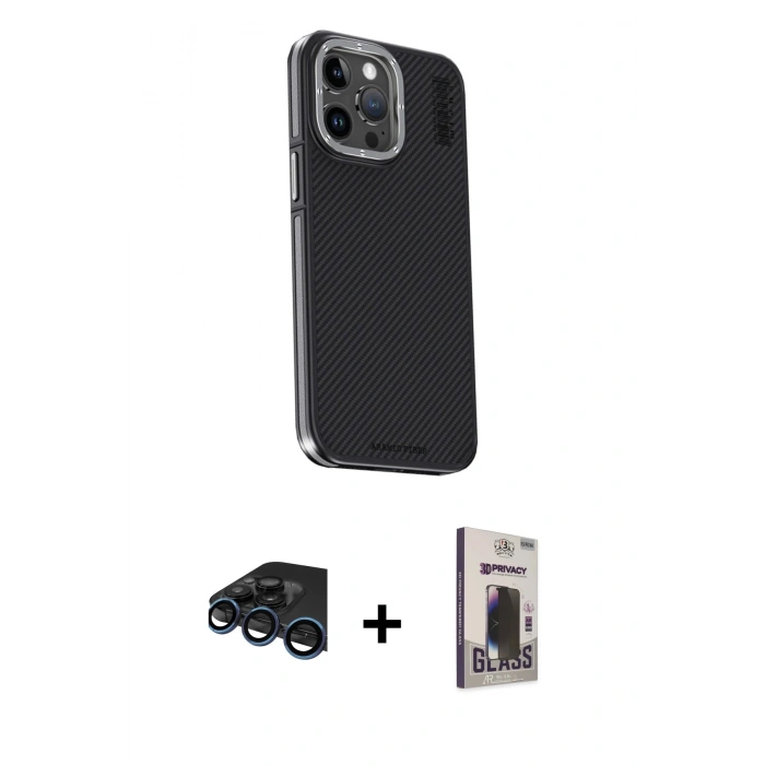 MARSİLYAN™- iPhone 15 Pro Kılıf Kıvılcım Modern Özel Seri - Siyah Bilvis Hayalet Cam Ekran Koruyucu + Raze Metal Kamera Lens - LT