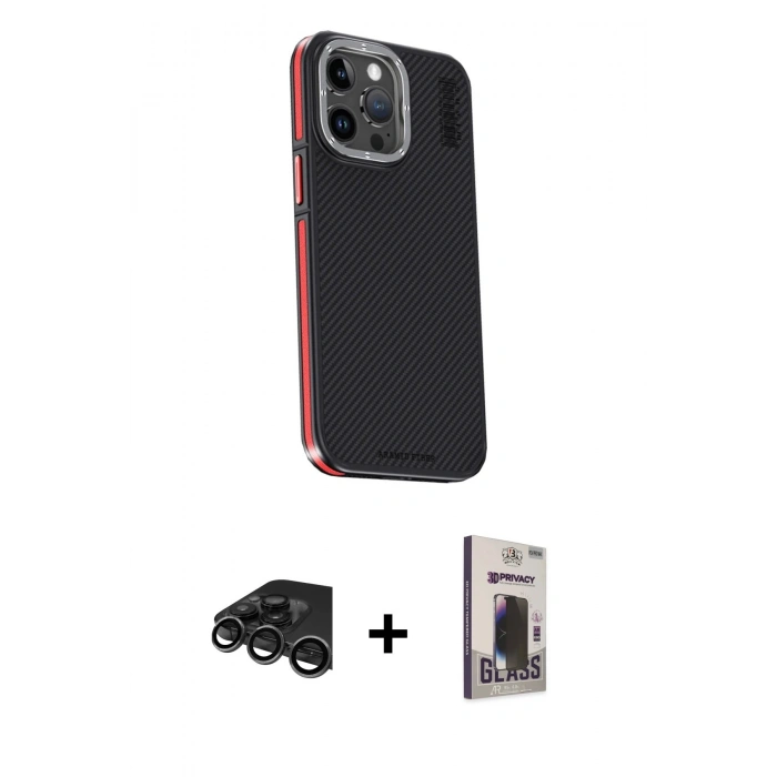 MARSİLYAN™- iPhone 15 Pro Kılıf Kıvılcım Modern Özel Seri - Siyah Bilvis Hayalet Cam Ekran Koruyucu + Raze Metal Kamera Lens - TMGI