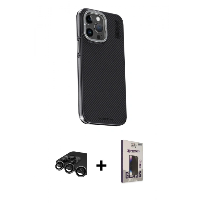MARSİLYAN™- iPhone 15 Pro Kılıf Kıvılcım Modern Özel Seri - Siyah Bilvis Hayalet Cam Ekran Koruyucu + Raze Metal Kamera Lens - TMGI