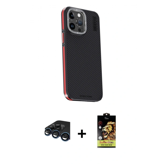 MARSİLYAN™- iPhone 15 Pro Kılıf Kıvılcım Modern Özel Seri - Siyah Buffer Cam Ekran Koruyucu + Raze Metal Kamera Lens - LT