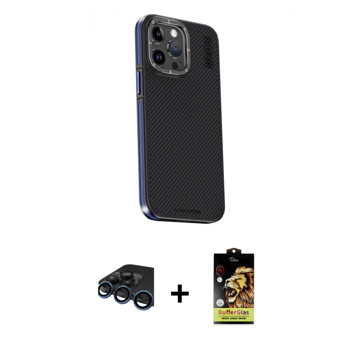 MARSİLYAN™- iPhone 15 Pro Kılıf Kıvılcım Modern Özel Seri - Siyah Buffer Cam Ekran Koruyucu + Raze Metal Kamera Lens - LT