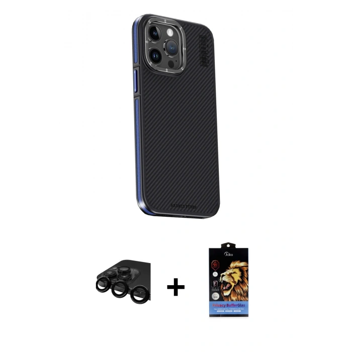 MARSİLYAN™- iPhone 15 Pro Kılıf Kıvılcım Modern Özel Seri - Siyah Buffer Hayalet Cam Ekran Koruyucu + Raze Metal Kamera Lens - SH