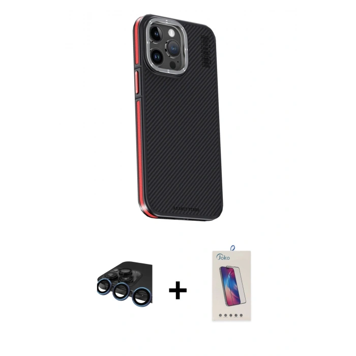 MARSİLYAN™- iPhone 15 Pro Kılıf Kıvılcım Modern Özel Seri - Siyah Joko 5D Cam + Raze Metal Kamera Lens - LT
