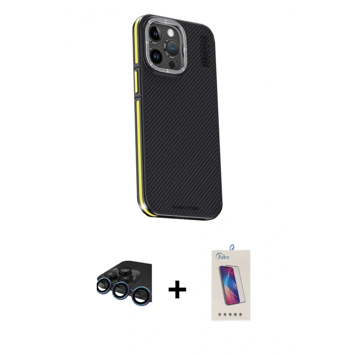 MARSİLYAN™- iPhone 15 Pro Kılıf Kıvılcım Modern Özel Seri - Siyah Joko 5D Cam + Raze Metal Kamera Lens - LT
