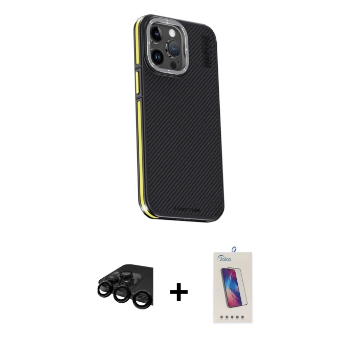 MARSİLYAN™- iPhone 15 Pro Kılıf Kıvılcım Modern Özel Seri - Siyah Joko 5D Cam + Raze Metal Kamera Lens - SH