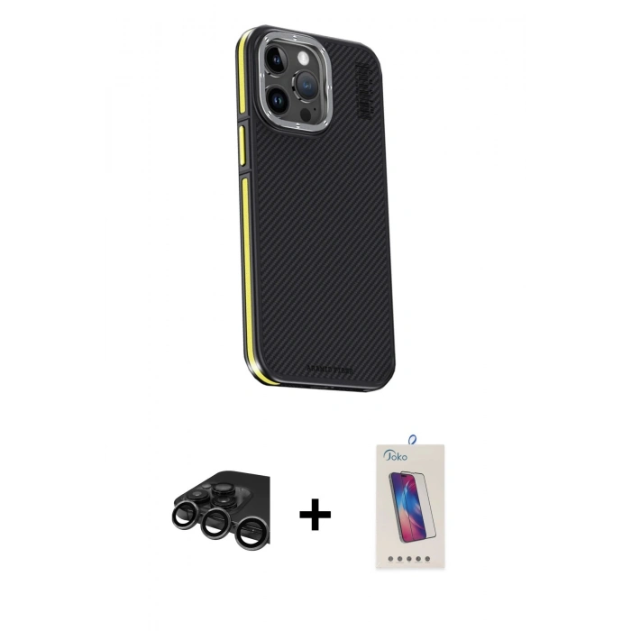 MARSİLYAN™- iPhone 15 Pro Kılıf Kıvılcım Modern Özel Seri - Siyah Joko 5D Cam + Raze Metal Kamera Lens - TMGI