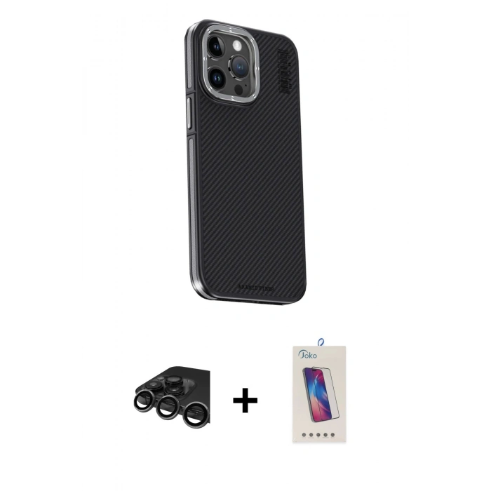 MARSİLYAN™- iPhone 15 Pro Kılıf Kıvılcım Modern Özel Seri - Siyah Joko 5D Cam + Raze Metal Kamera Lens - TMGI