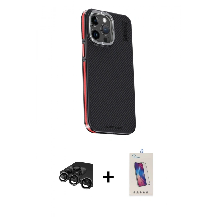 MARSİLYAN™- iPhone 15 Pro Kılıf Kıvılcım Modern Özel Seri - Siyah Joko 5D Cam + Raze Metal Kamera Lens - TMGI