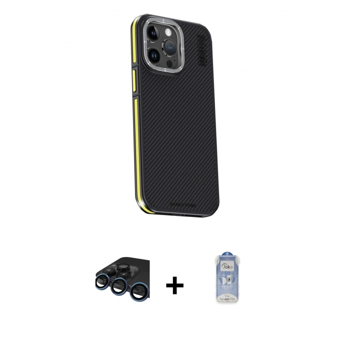 MARSİLYAN™- iPhone 15 Pro Kılıf Kıvılcım Modern Özel Seri - Siyah Joko Magic 5D Cam + Raze Metal Kamera Lens - LT