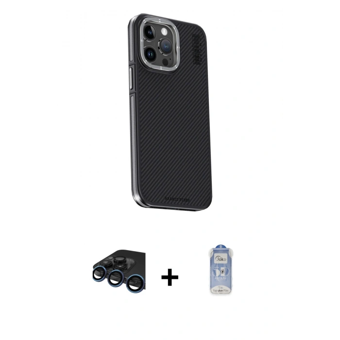 MARSİLYAN™- iPhone 15 Pro Kılıf Kıvılcım Modern Özel Seri - Siyah Joko Magic 5D Cam + Raze Metal Kamera Lens - LT