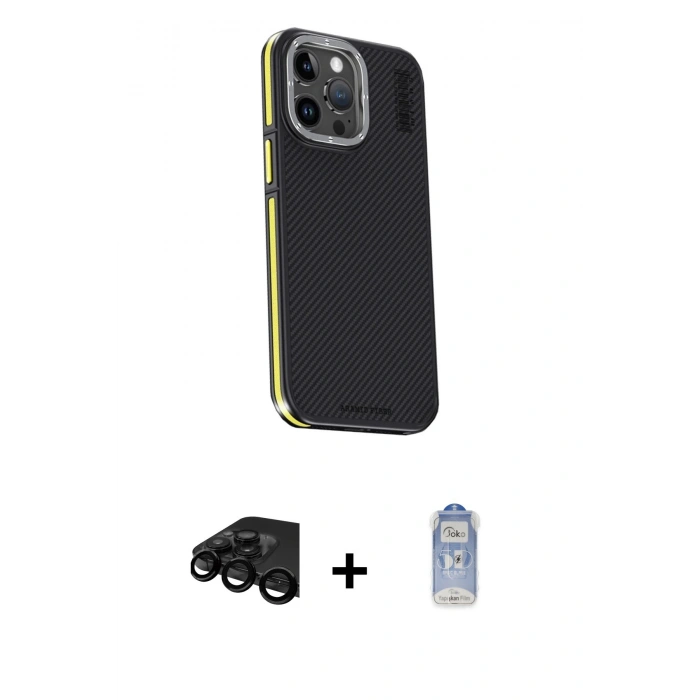MARSİLYAN™- iPhone 15 Pro Kılıf Kıvılcım Modern Özel Seri - Siyah Joko Magic 5D Cam + Raze Metal Kamera Lens - SH